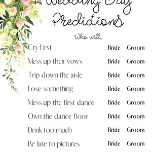 Floral Wedding Shower Game, Bridal Shower Game, Bridal Shower Prediction Game, Wedding Prediction Game, Flowers, Floral