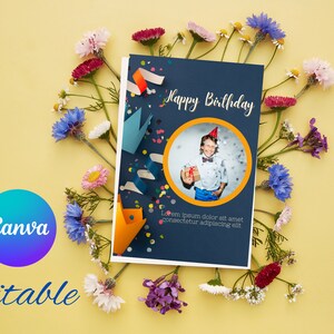 Cartão de feliz aniversário editável no Canva, girassóis de aniversário, modelo de cartão, cartão de aniversário personalizado, cartão digital, etiqueta edite-me, cartão de aniversário editável