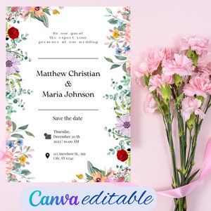 Tarjeta de invitación de boda editable e imprimible, tarjeta descargable de novia y novio, boda moderna, Salva el día, atractiva tarjeta de despedida de soltera