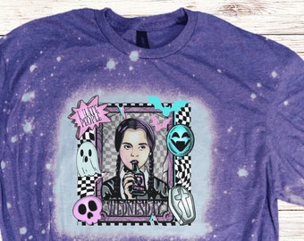 Wednesday Bleached Halloween Shirt for Women, I Hate People Halloween Shirt with Poison, Bleached Spooky Season T-Shirt with Coffin and Bats