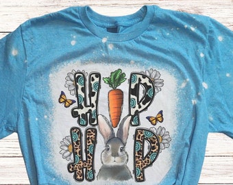 HIP HOP Easter Bunny Bleached Easter T-Shirt, Women's Easter Shirt, Western Style Shirt Easter Bunny w Daisies, Cow Print n Turquoise Stone