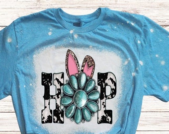 Hop Easter Bunny Bleached T-Shirt, Women's Easter Shirt, Western Style HOP with Easter Bunny, Turquoise Stone, Leopard Print Easter Shirt