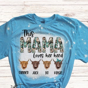 Personalized MAMA Bleached T-Shirt, This MAMA Loves Her Herd Tee Shirt, Highland Cow Personalized T-Shirt, Add Your Kid's Name to Mom Shirt