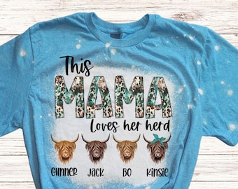 Personalized MAMA Bleached T-Shirt, This MAMA Loves Her Herd Tee Shirt, Highland Cow Personalized T-Shirt, Add Your Kid's Name to Mom Shirt
