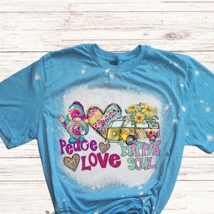 Peace Love Hippie Soul Bleached Shirt, Vintage Style Shirt, Boho, Flowers, Wildflowers, Hippie Van Shirt, Peace Sign, Gnome Shirt, Hearts