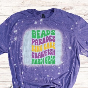Beads Parade Mardi Gras T-Shirt with Wavy Font, Bleached Mardi Gras Shirt, Mardi Gras Shirt with Wavy Writing Crawfish and King Cake
