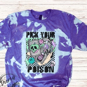 Pick Your Poison Bleached Halloween Shirt for Women, Checker Pattern Halloween Shirt with Poison, Bleached Spooky Season T-Shirt with Apple