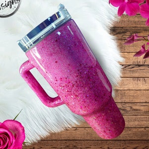 Pink Chunky Glitter Epoxy Tumbler 40oz Stainless Steel Drinking Cup, Pink Glitter Ombre 40oz Dupe Tumbler with Handle