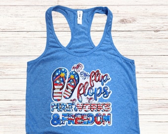 American Flip Flop Bleached Tanktop for 4th of July, Bleached Red 4th of July Tank Top Flip Flops Fireworks and Freedom, Blue July Tank Top