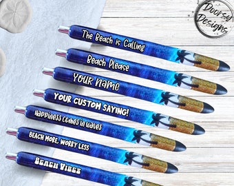 Glitter Beach Pens, Custom Ink Joy Gel Pens, Beach Inspired Gifts, Ocean Lover Gift, Refillable Pen with Black Ink, Custom Name Beach Pen