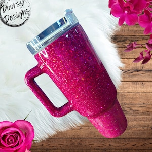 Fushia Pink Ombre Chunky Glitter Epoxy Tumbler 40oz Stainless Steel Drinking Cup, Pink Glitter 40oz Dupe Tumbler with Handle