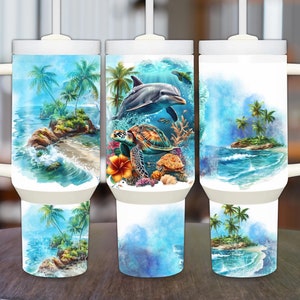 40oz Dolphin Tumbler, Tropical 40oz Tumbler with Turtle, Tropical Palm Trees 40oz Sublimation Tumbler with Handle with Dolphin and Turtle