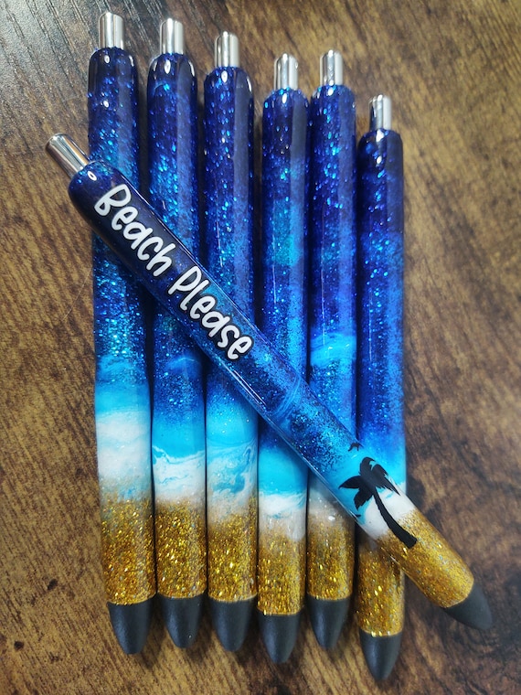 Glitter Beach Pens, Custom Ink Joy Gel Pens, Beach Inspired Gifts, Ocean Lover Gift, Refillable Pen with Black Ink, Custom Name Beach Pen
