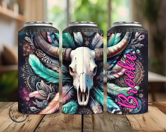 Cow Longhorn Skull 16oz Stainless Steel Insulated Can Cooler, 4-in-1 Personalized 16oz Slim Seltzer Can Cooler with Feathers and Cow Skull