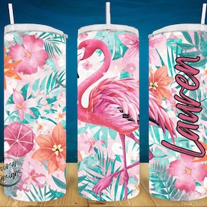 Flamingo 20oz Steel Drinking Cup with Tropical Plants, Watercolor Flamingo 20oz Tumbler Cup with Hibiscus Flowers, Custom Flamingo Tumbler