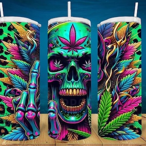 Skeleton Pot Leaf 20oz Steel Drinking Cup, Middle Finger Tumbler Cup w Pot Smoking Skelly, Tie Dye Leopard Print Marijuana Cup, Pot Leaf Cup