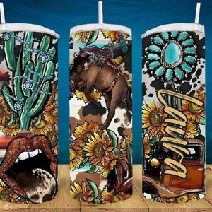 Cowhide Western 20oz Steel Drinking Cup, Turquoise Rocks and Sunflowers 20oz Tumbler Cup with Horse, Personalized Rodeo Tumbler