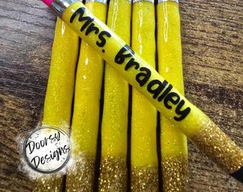 Pencil Glitter Pens, School Inspired Gift, Refillable Pen w Black Ink, Custom Teacher Pencil Glitter PEN, Personalized Teacher Gift Gel Pen