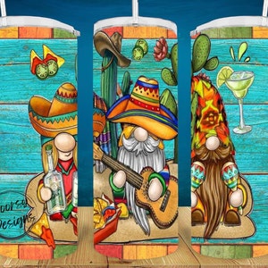 Mexican Gnomes Tumbler 20oz Stainless Steel Drinking Cup, Mexican Drink Cup with Gnomes wearing Sombrero and Playing Music