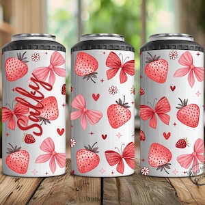 Coquette Bow & Strawberries 16oz Stainless Steel Insulated Can Cooler, 4-in-1 Personalized 16oz Slim Can Cooler, Skinny Cooler Can with Name