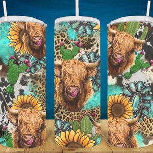 Highlander Cows Tumbler 20oz Stainless Steel Drinking Cup, Turquoise Rocks Drink Cup with Leopard Print, Sunflowers and Cows Tumbler Cup
