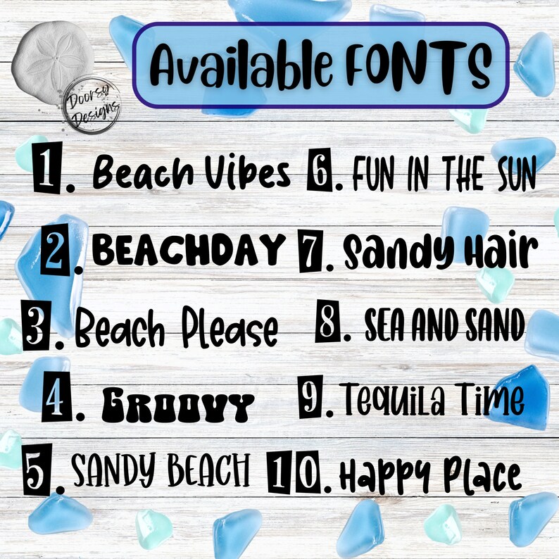 May include: A list of available fonts for a beach-themed design, with each font displayed in a different style. The fonts include "Beach Vibes", "BEACHDAY", "Beach Please", "GROOVY", "SANDY BEACH", "FUN IN THE SUN", "Sandy Hair", "SEA AND SAND", "Tequila Time", and "Happy Place".
