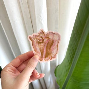 Può includere: Un adesivo fustellato con un'illustrazione dipinta a mano di una conchiglia. La conchiglia è resa in tonalità rosa tenue e oro metallizzato, mostrando uno stile artistico a pennellate strutturate con un bordo di contorno rosa chiaro.