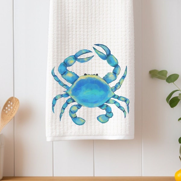 Blue Crab Kitchen Towel, Personalized Dish Cloth, Blue Crab Waffle Tea Towel, New Couple Gift, Farmhouse Kitchen Decor, Grandpa Gift