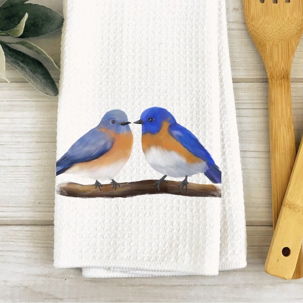 Unique Blue Bird Couple Towel, Personalized Kitchen Towel For Bird Lovers, Nature Lover Dish Cloth, Blue Bird Towel, Birdwatcher Gift