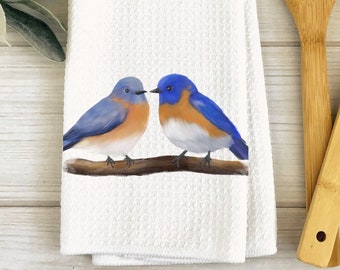 Unique Blue Bird Couple Towel, Personalized Kitchen Towel For Bird Lovers, Nature Lover Dish Cloth, Blue Bird Towel, Birdwatcher Gift