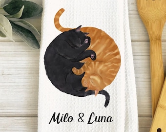 Personalized Cat Kitchen Towel, Unique Sleeping Black and Orange Cat Dish Cloth, Ginger Cat Kitchen Decor, New Couple Gift, Farmhouse Decor