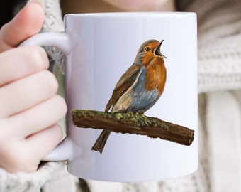 Taza Robin única, taza de pájaro del patio trasero, taza de pájaro pequeño con diseño de arte original, regalo de observador de aves, regalo de cumpleaños, regalo de Navidad