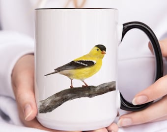Taza de jilguero, taza de pájaro del patio trasero, hermosa taza de pájaro amarillo con diseño de arte original, regalo del día de San Valentín, regalo de cumpleaños, regalo de Navidad