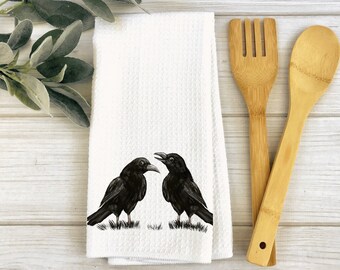 Toalla de cocina de cuervo única, toalla de cocina de cuervo personalizada, paño de plato amante del cuervo negro, toalla de pájaro del patio trasero de la mamá del pájaro, regalo del observador de aves