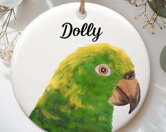 Personalized Amazon Parrot Christmas Ornament, Green Parrot Ceramic Decor, Unique Gift for Parrot Lover, Custom Name Ornament