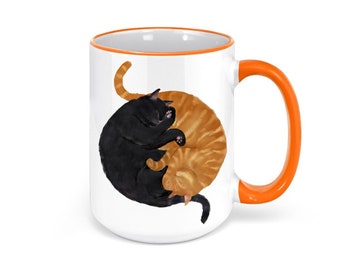 Sleeping Ginger and Black Cat Mug, Two Cats Mug, Cuddled Cats, Animal Lover, Cute Coffee Mug, 11oz 15oz Mug, Cat Lover Gift