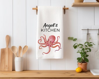 Cute Octopus Kitchen Towel, Personalized Dish Cloth, Ocean themed Tea Towel, New Couple Gift, Sea Kitchen Decor, Grandpa Gift