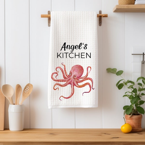 Cute Octopus Kitchen Towel, Personalized Dish Cloth, Ocean themed Tea Towel, New Couple Gift, Sea Kitchen Decor, Grandpa Gift