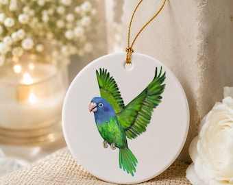 Personalized Blue-Headed Parrot Ornament, Green & Blue Pet Bird Gift, Custom Name Ceramic Ornament, Unique Bird Lover Gift