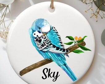 Custom Blue Budgie Ceramic Ornament, Personalized Christmas Gift, Parakeet Lover Gift, Custom Name Keepsake