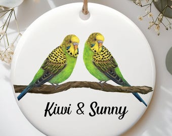 Personalized Budgie Couple Ornament, Green Parakeet Pair Gift, Custom Names Ceramic Ornament, Unique Bird Lover Gift