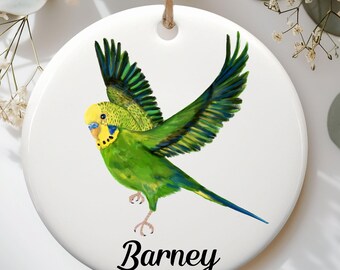 Personalized Green Parakeet Ornament, Flying Budgie Gift, Custom Name Ceramic Ornament, Unique Bird Lover Gift