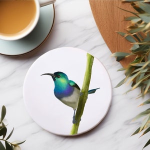 May include: A white ceramic coaster featuring a green branch with a blue, green, and white bird perched on it.