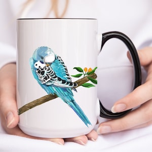 Personalized Sleeping Blue Parakeet Mug, Bird Mom Mug, Bird Memorial Mug, Pet Loss Gift, Birdwatcher Gift, Christmas Gift, Birthday Gift