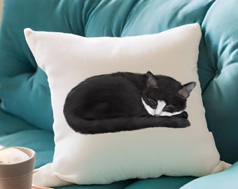Sleeping Tuxedo Cat Name Pillow, Unique Black White Cat Pillow Cover, Sofa Pillow, Custom Cat Mom Dad Throw Pillow, Cute Housewarming Gift