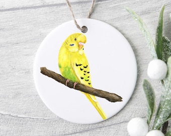 Personalized Yellow Budgie Ornament, Green Parakeet Gift, Custom Name Ceramic Ornament, Unique Bird Lover Gift