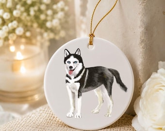 Personalized Black & White Husky Ornament, Blue Eyed Dog Gift, Custom Name Ceramic Ornament, Unique Dog Lover Gift