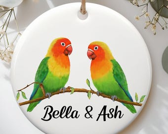 Personalized Lovebird Couple Christmas Ornament, Colorful Parrot Pair Gift, Custom Name Ceramic Ornament, Unique Bird Lover Gift