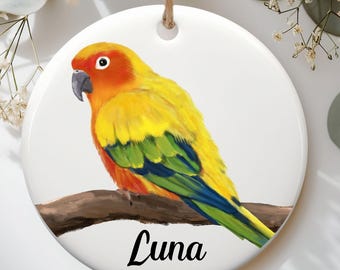 Personalized Sun Conure Christmas Ornament, Colorful Parrot Gift, Custom Name Ceramic Ornament, Unique Bird Lover Gift