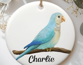 Personalized Blue Monk Parakeet Ornament, Cute Pet Bird Gift, Custom Name Ceramic Ornament, Parrot Lover Gift